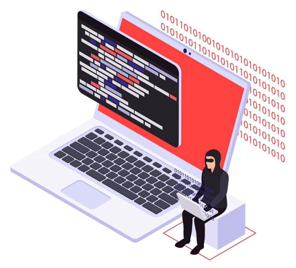 Graphic of a hacker in black clothes hacking a laptop computer
