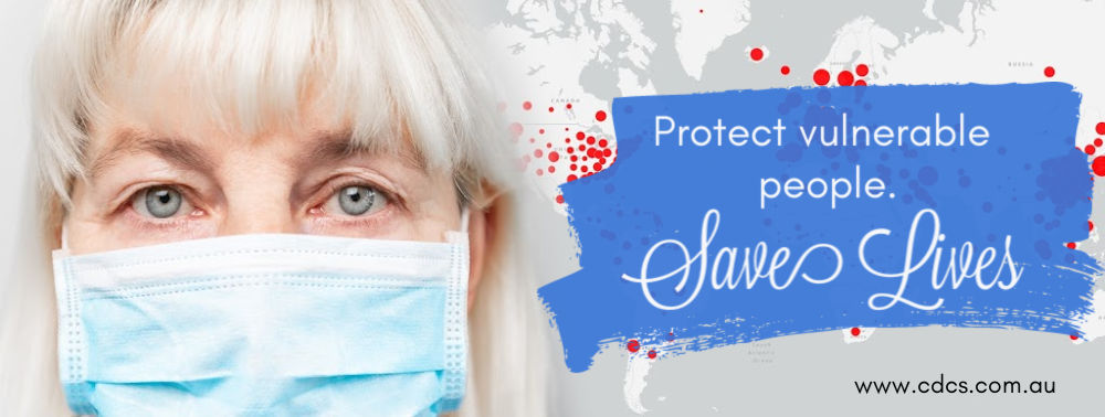 Elderly woman with a mask on with a background of the infected areas of the world. Text reads 'Protect vulnerable people. Save LIves.'