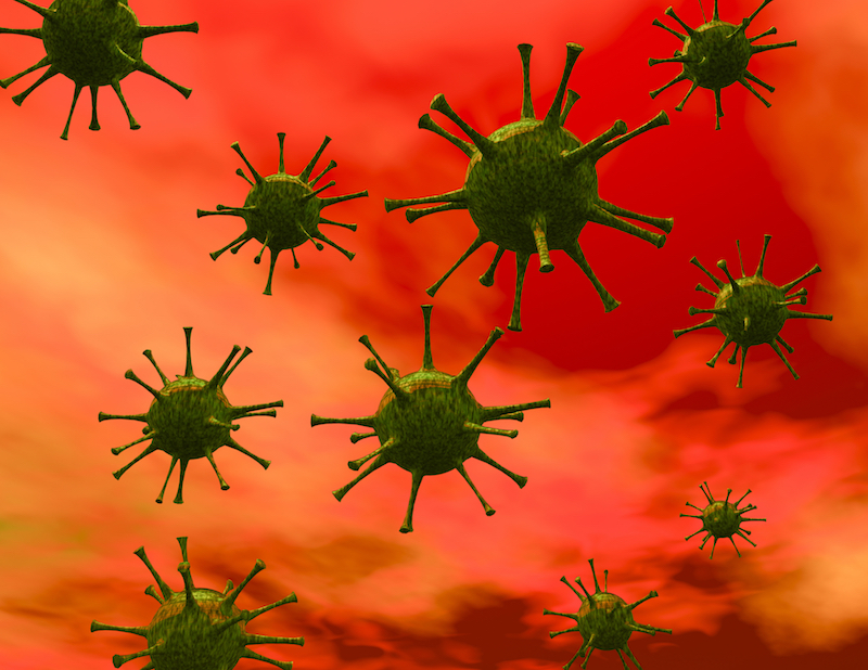 Digital visualization of a virus on a red background
